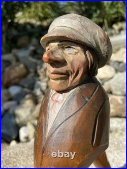 Antique Anri Italy Mechanical Hand Carved Painted Wood Nutcracker Man in Cap EX+