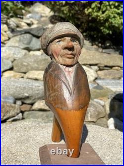 Antique Anri Italy Mechanical Hand Carved Painted Wood Nutcracker Man in Cap EX+