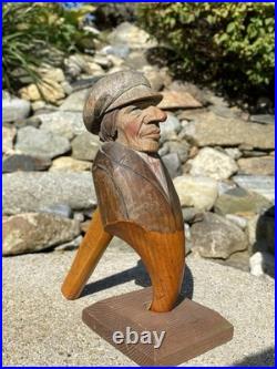 Antique Anri Italy Mechanical Hand Carved Painted Wood Nutcracker Man in Cap EX+