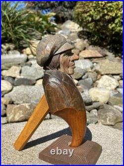 Antique Anri Italy Mechanical Hand Carved Painted Wood Nutcracker Man in Cap EX+