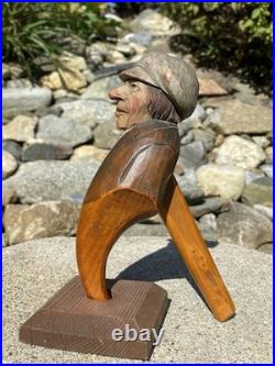 Antique Anri Italy Mechanical Hand Carved Painted Wood Nutcracker Man in Cap EX+