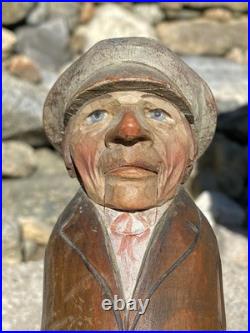 Antique Anri Italy Mechanical Hand Carved Painted Wood Nutcracker Man in Cap EX+