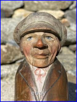 Antique Anri Italy Mechanical Hand Carved Painted Wood Nutcracker Man in Cap EX+