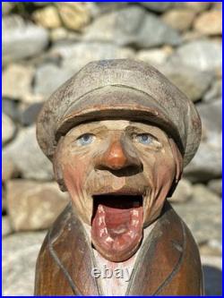 Antique Anri Italy Mechanical Hand Carved Painted Wood Nutcracker Man in Cap EX+