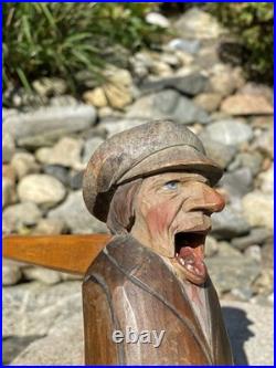 Antique Anri Italy Mechanical Hand Carved Painted Wood Nutcracker Man in Cap EX+