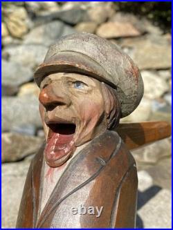Antique Anri Italy Mechanical Hand Carved Painted Wood Nutcracker Man in Cap EX+