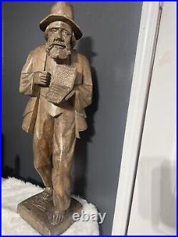 Antique Black Forest Hand Carved Wood Sculpture Man with Hat & Book 32 Tall