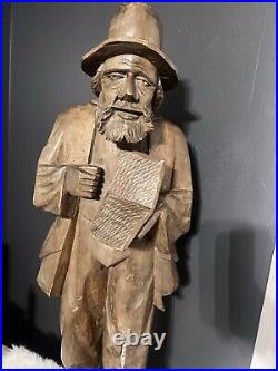 Antique Black Forest Hand Carved Wood Sculpture Man with Hat & Book 32 Tall