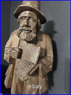 Antique Black Forest Hand Carved Wood Sculpture Man with Hat & Book 32 Tall