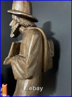 Antique Black Forest Hand Carved Wood Sculpture Man with Hat & Book 32 Tall