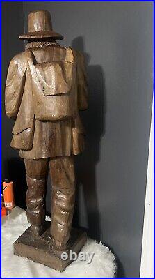 Antique Black Forest Hand Carved Wood Sculpture Man with Hat & Book 32 Tall