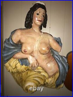 Antique Carved Wood & Gesso Figurehead Nude Sculpture architectural remnant