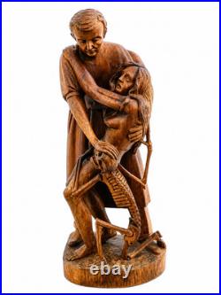 Antique Carved Wood Memento Mori Death & Lovers Skeleton Sculpture 16