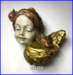Antique German Hand Carved Wood Polychrome Angel Cherub Relief Sculpture