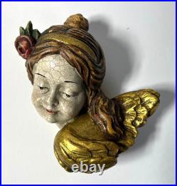 Antique German Hand Carved Wood Polychrome Angel Cherub Relief Sculpture