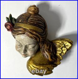 Antique German Hand Carved Wood Polychrome Angel Cherub Relief Sculpture