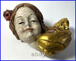 Antique German Hand Carved Wood Polychrome Angel Cherub Relief Sculpture
