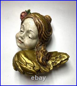 Antique German Hand Carved Wood Polychrome Angel Cherub Relief Sculpture