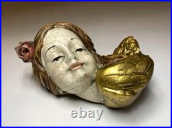 Antique German Hand Carved Wood Polychrome Angel Cherub Relief Sculpture