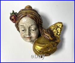 Antique German Hand Carved Wood Polychrome Angel Cherub Relief Sculpture