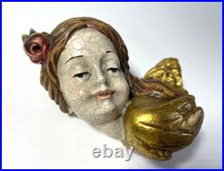 Antique German Hand Carved Wood Polychrome Angel Cherub Relief Sculpture