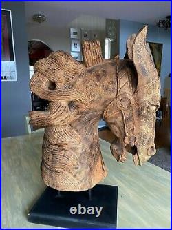 Antique Large Sculpture Wild Stallion Carved Horse Head Vintage Wooden Statue