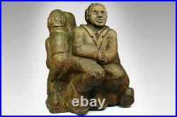 Antique Massive Wooden Carved Sculpture Signed Man Woman Statue Figure Rare