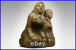 Antique Massive Wooden Carved Sculpture Signed Man Woman Statue Figure Rare