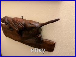 Antique /VTG Folk Art Hand Carved Wood Hunting Dog Sculpture. Unsigned 1 Piece