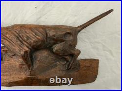 Antique /VTG Folk Art Hand Carved Wood Hunting Dog Sculpture. Unsigned 1 Piece
