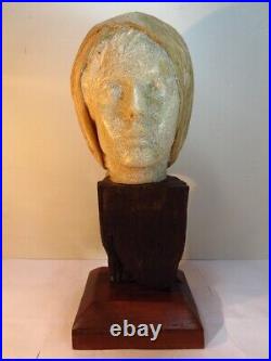 Antique Vintage Female Face Head Sculpture Marble + Wood Signed By Jessé Galante