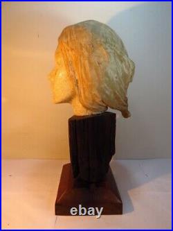 Antique Vintage Female Face Head Sculpture Marble + Wood Signed By Jessé Galante