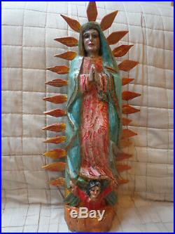 Antique/Vintage Folk Art Wood Carved Our Lady of Guadalupe Statue