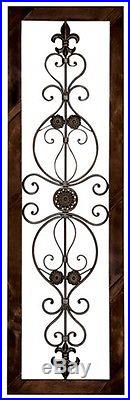 Antique Vintage French Victorian Brown Wood Metal Scroll Wall Art Panel Plaque