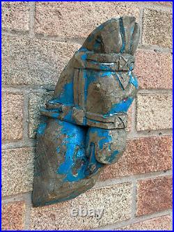 Antique Vintage Large Indian Wooden Teak Horse Head Sculpture c1850 India Blue