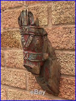 Antique Vintage Large Indian Wooden Teak Horse Head Sculpture c1850 India Red a