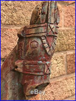 Antique Vintage Large Indian Wooden Teak Horse Head Sculpture c1850 India Red a