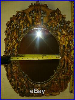 Antique Vtg Asian Carved Wood Mirror oval wall art sculpture snake budda chinese