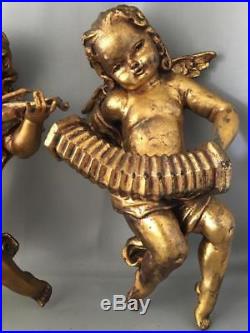 Antique Vtg Italian Gold Gilt Tole Faux Wood Cherub Wall Figurine Sculpture Pair