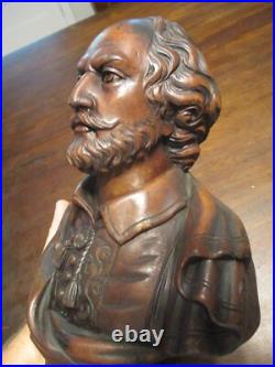 Antique Walnut wood carving bust of William Shakespeare 1900's 12.5 x 8.5'