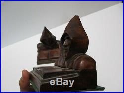 Antique Wood Carving Pair Men W Hoods Signed P. Russ Vintage Statue Bookends Old