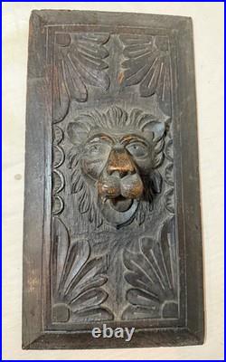 Antique hand carved wood lion architectural salvage relief wall sculpture panel