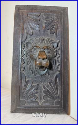 Antique hand carved wood lion architectural salvage relief wall sculpture panel