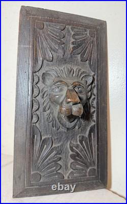 Antique hand carved wood lion architectural salvage relief wall sculpture panel
