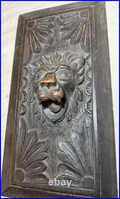 Antique hand carved wood lion architectural salvage relief wall sculpture panel