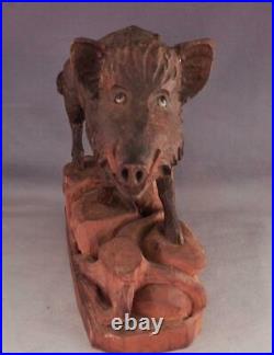 AntiqueVintage Wild Boar HogPigBlack Forest Wood Carving SculptureGlass Eye