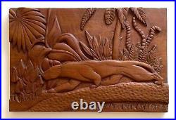 Arthur Hopper Vintage Art Deco Carved Wood Panel Jungle Jaguar