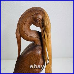 Balinese Master Carved Vintage Deco Wood Sculpture Heron Crane Catch Crawfish