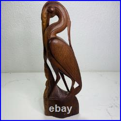 Balinese Master Carved Vintage Deco Wood Sculpture Heron Crane Catch Crawfish