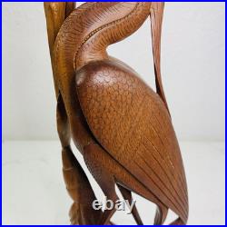 Balinese Master Carved Vintage Deco Wood Sculpture Heron Crane Catch Crawfish